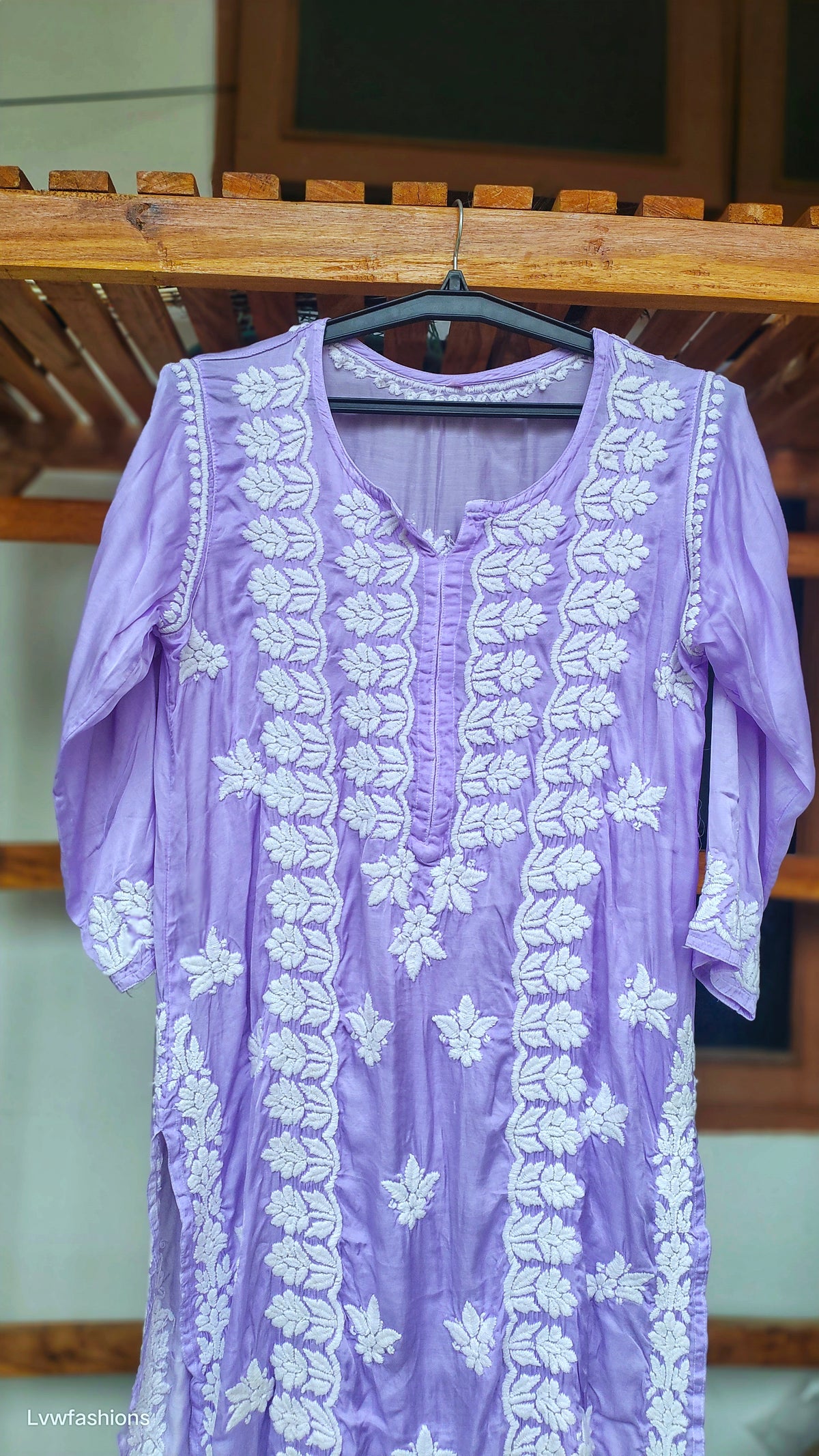 Plum purple silk Chikankari kurta by LVW Fashions, luxurious handmade Lucknow embroidery, elegant and traditional style.