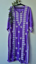 Plum purple silk long kurti with intricate handmade Chikankari embroidery from LVW Fashions, traditional Lucknow style.