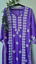 Plum purple premium silk long kurti with intricate handmade Chikankari embroidery from LVW Fashions, traditional Lucknow craftsmanship.