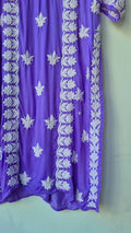 Plum purple premium silk long kurti with intricate handmade chikankari embroidery by LVW Fashions, traditional Lucknow style.