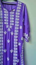 Plum purple premium silk long Kurti with intricate handmade chikankari embroidery by LVW Fashions, crafted in Lucknow style.