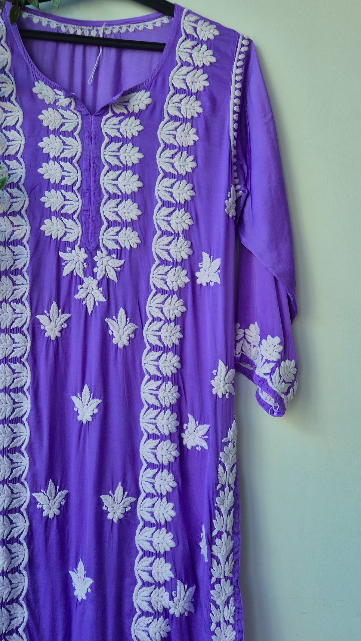 Plum purple premium silk long Kurti with intricate handmade chikankari embroidery by LVW Fashions, crafted in Lucknow style.