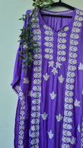 Plum purple premium silk long kurti with intricate handmade Chikankari embroidery by LVW Fashions, traditional Lucknow design.