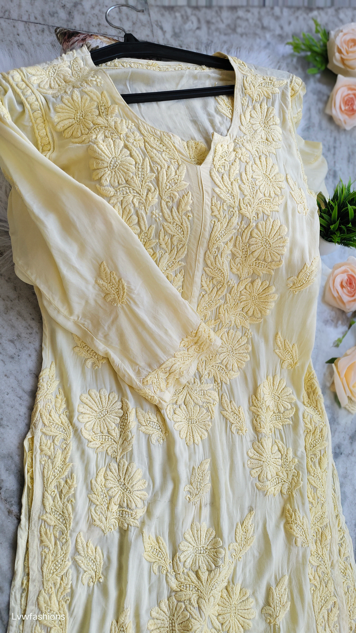 Plus Love premium soft modal Chikankari Kurta by LVW Fashions, handmade Lucknow Chikankari with intricate embroidery.