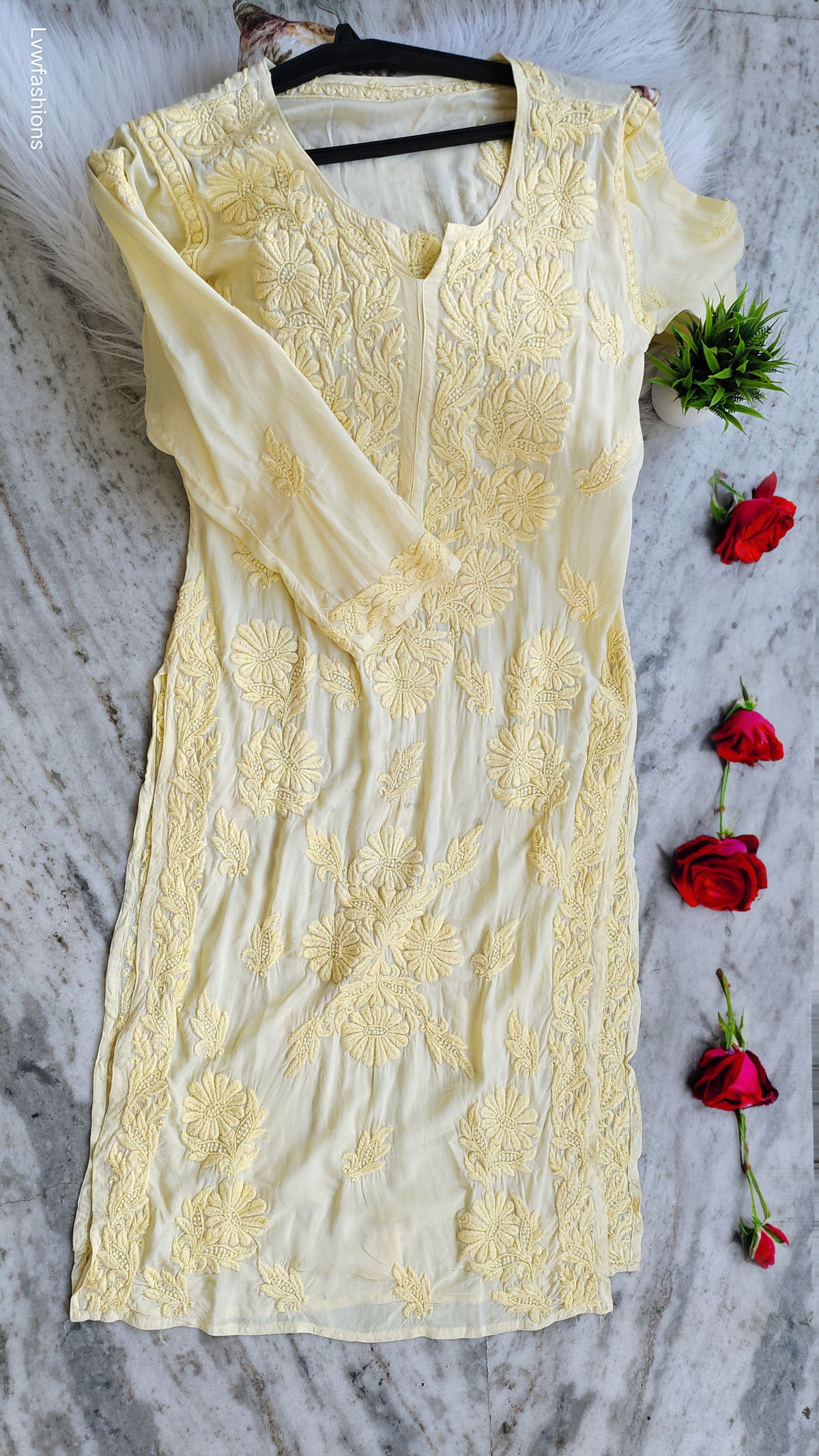 Plus Love premium soft modal Chikankari Kurta by LVW Fashions, featuring intricate handmade Lucknow Chikankari embroidery.
