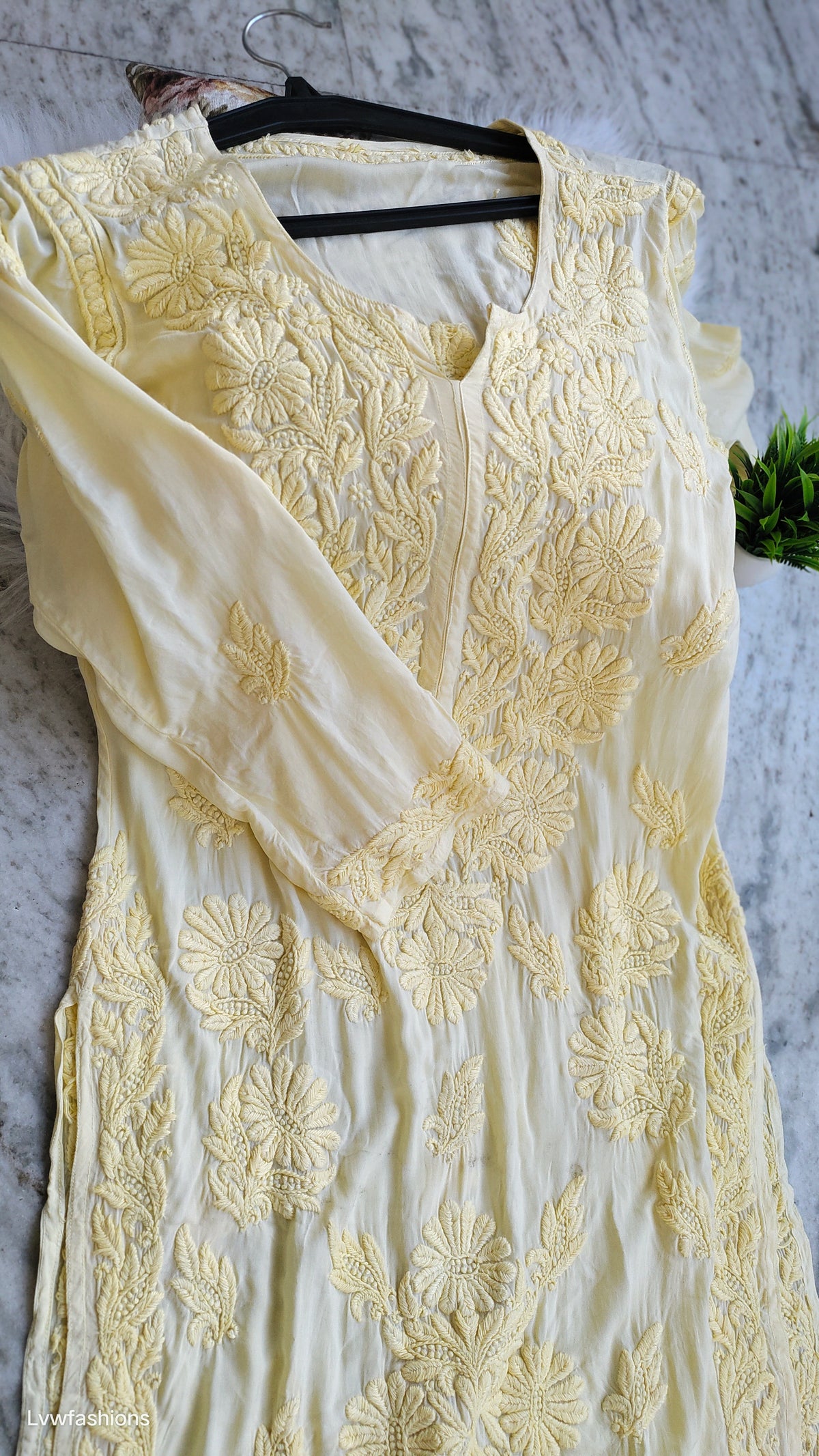 Plus Love premium soft modal Chikankari kurta by LVW Fashions featuring intricate Lucknow Chikankari embroidery.