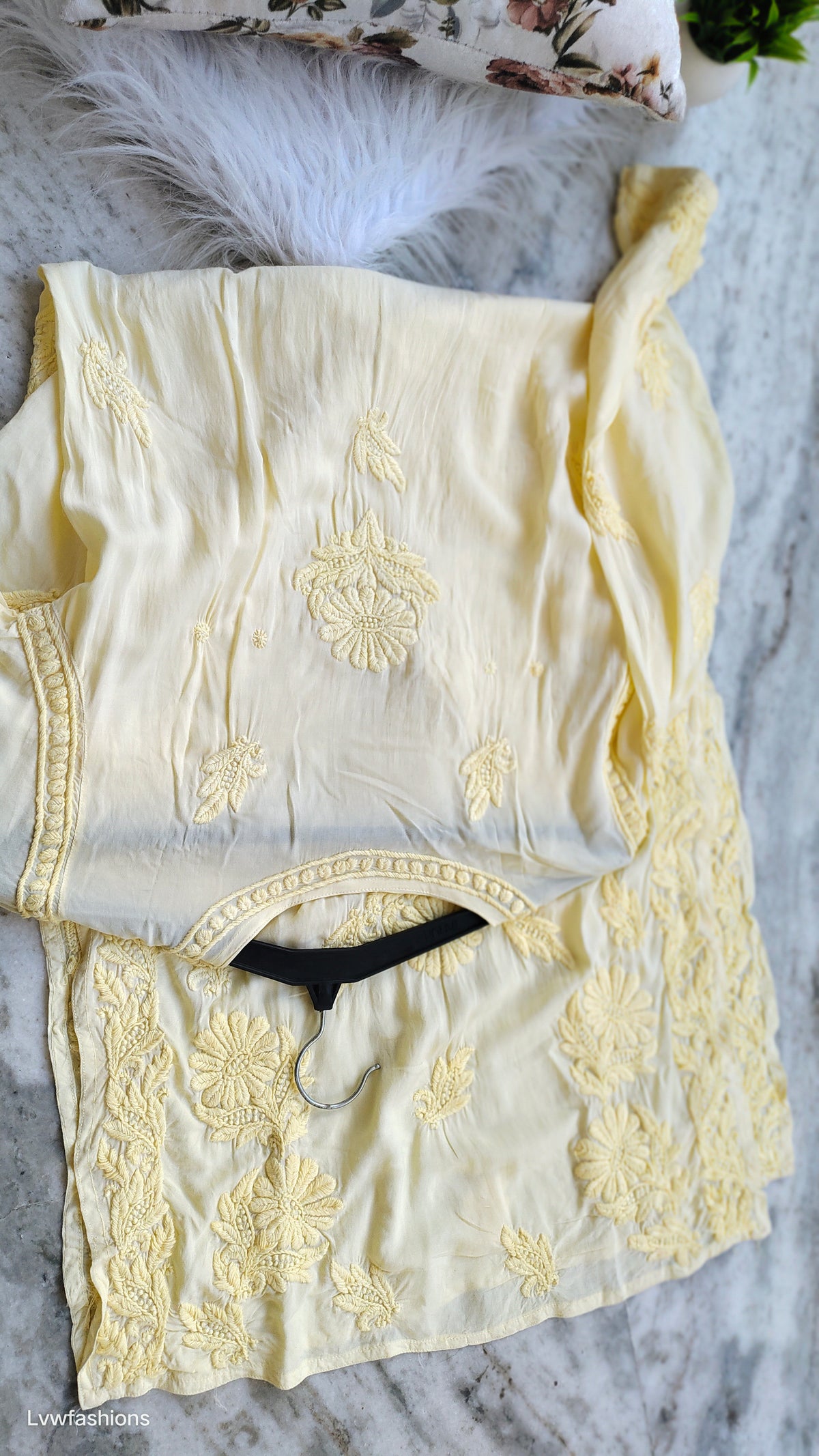 Plus Love premium soft modal Chikankari kurta by LVW Fashions, showcasing intricate Lucknow-style hand embroidery, in a light fabric.