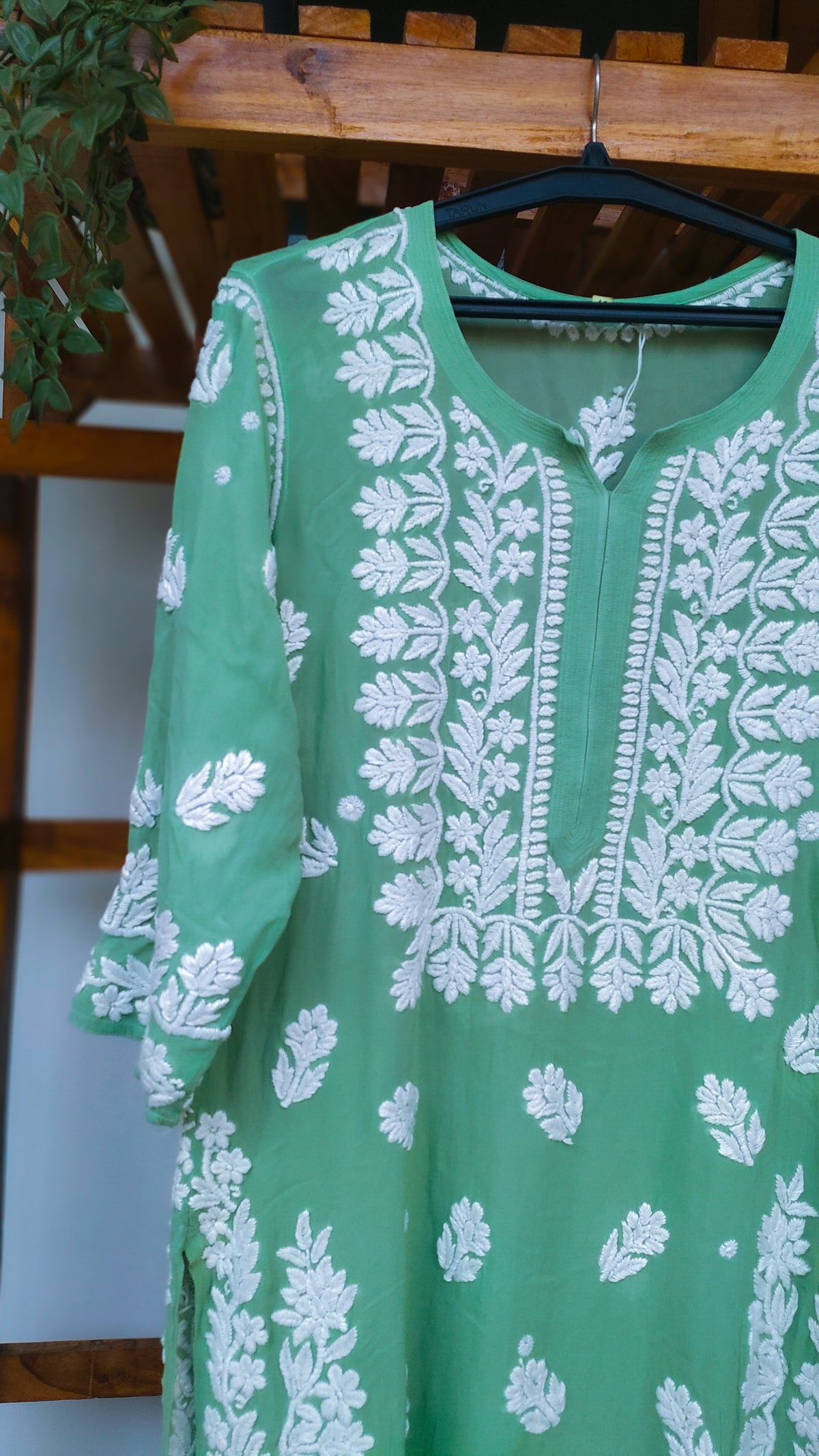 Polished Pine LVW Fashions premium georgette long kurti with intricate Lucknow chikankari embroidery, handmade and elegant.