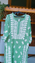 Polished Pine LVW Fashions long Georgette Chikankari Kurti with intricate handcrafted Lucknow embroidery, available in XXS size.