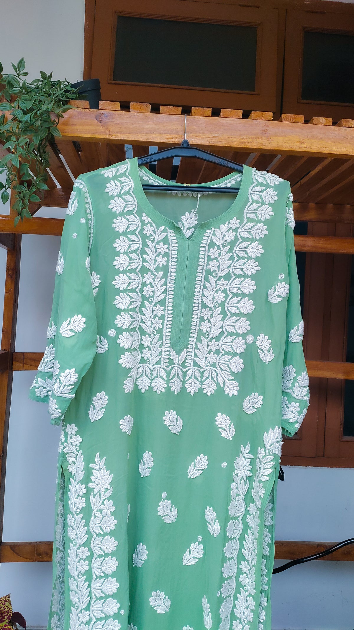 Polished Pine LVW Fashions handmade Georgette Chikankari long kurti with intricate Lucknow-style embroidery, lightweight and elegant.