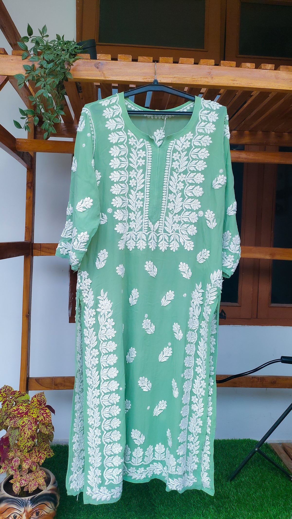 Polished Pine LVW Fashions handmade Georgette Chikankari long kurti with intricate Lucknow chikankari embroidery and elegant design.