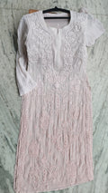 Powder peach ombre georgette chikankari kurta by LVW Fashions, handcrafted Lucknow chikankari with intricate embroidery.