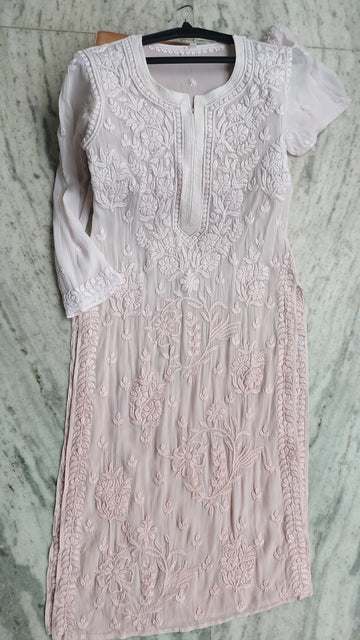 Powder peach ombre georgette chikankari kurta by LVW Fashions, handcrafted Lucknow chikankari with intricate embroidery.