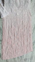 Powder peach ombre georgette Chikankari kurta by LVW Fashions, handmade Lucknow Chikankari, featuring intricate embroidery.