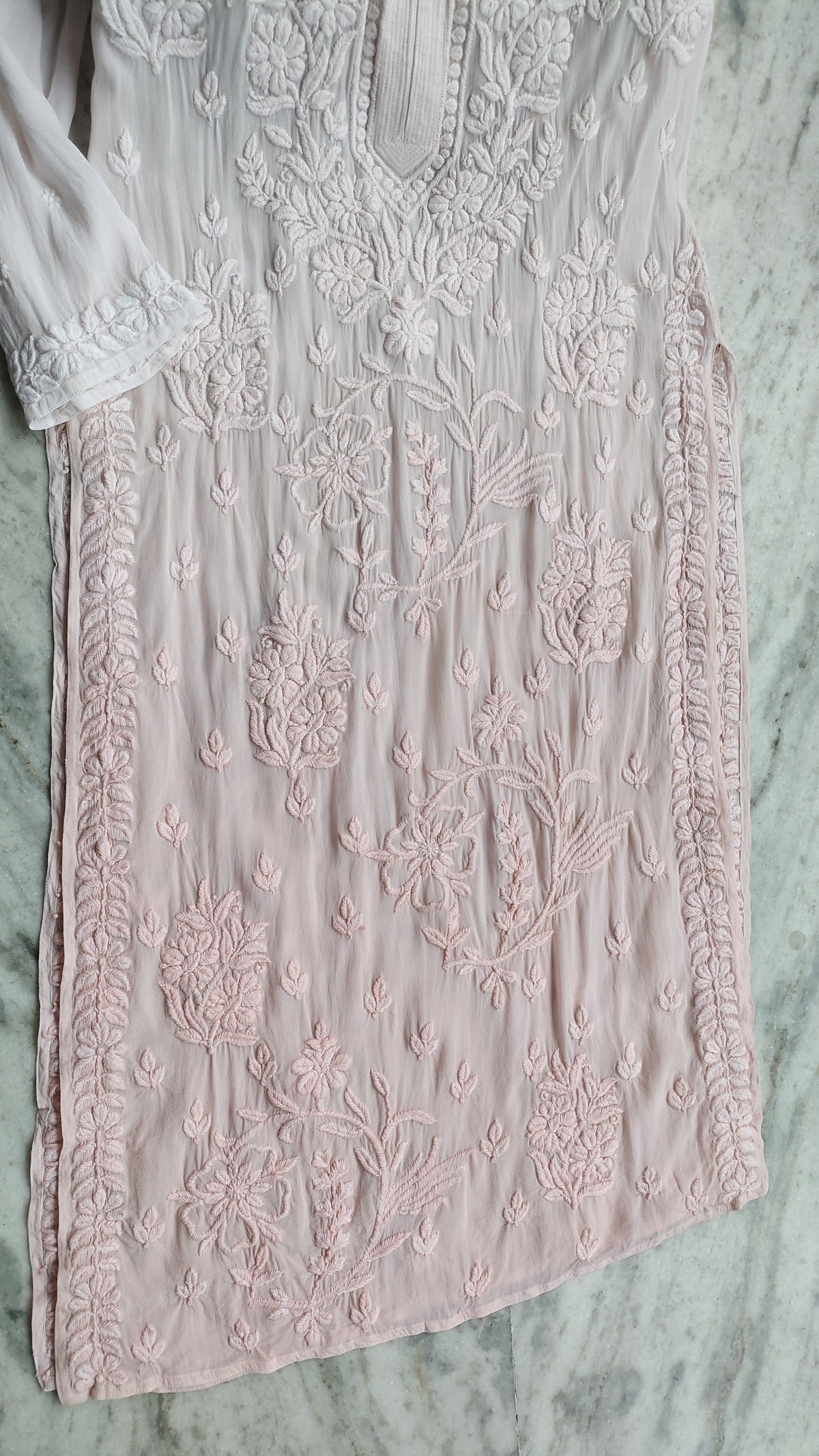 Powder peach ombre georgette Chikankari kurta by LVW Fashions, handmade Lucknow Chikankari, featuring intricate embroidery.