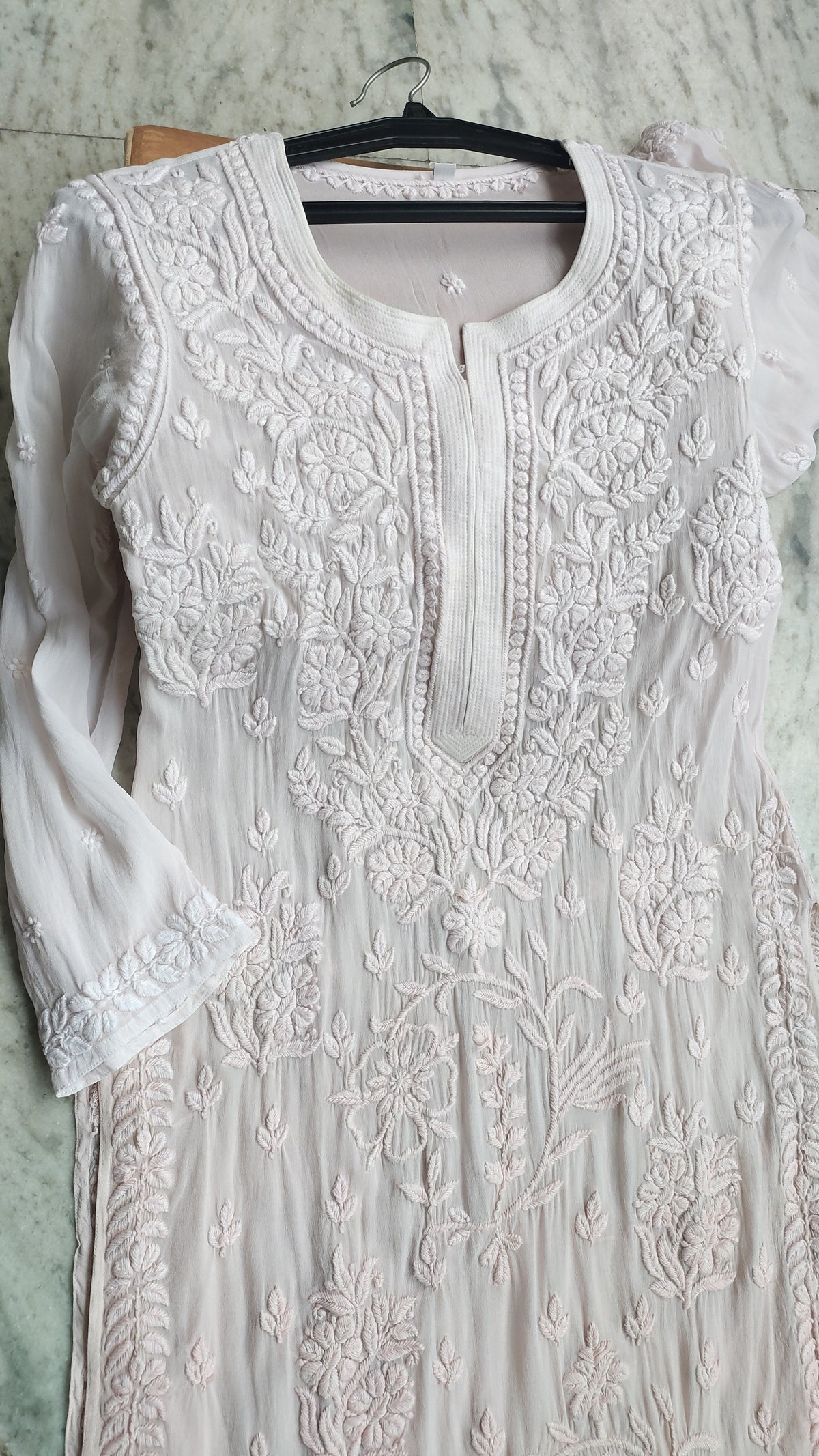 Powder peach ombre premium georgette chikankari kurta by LVW Fashions, handmade Lucknow chikankari with intricate embroidery.