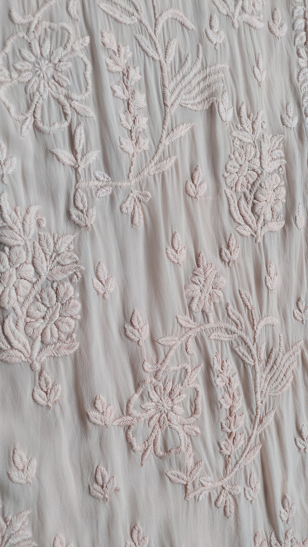 Powder peach ombre premium georgette chikankari kurta by LVW Fashions, handmade Lucknow chikankari with intricate embroidery.