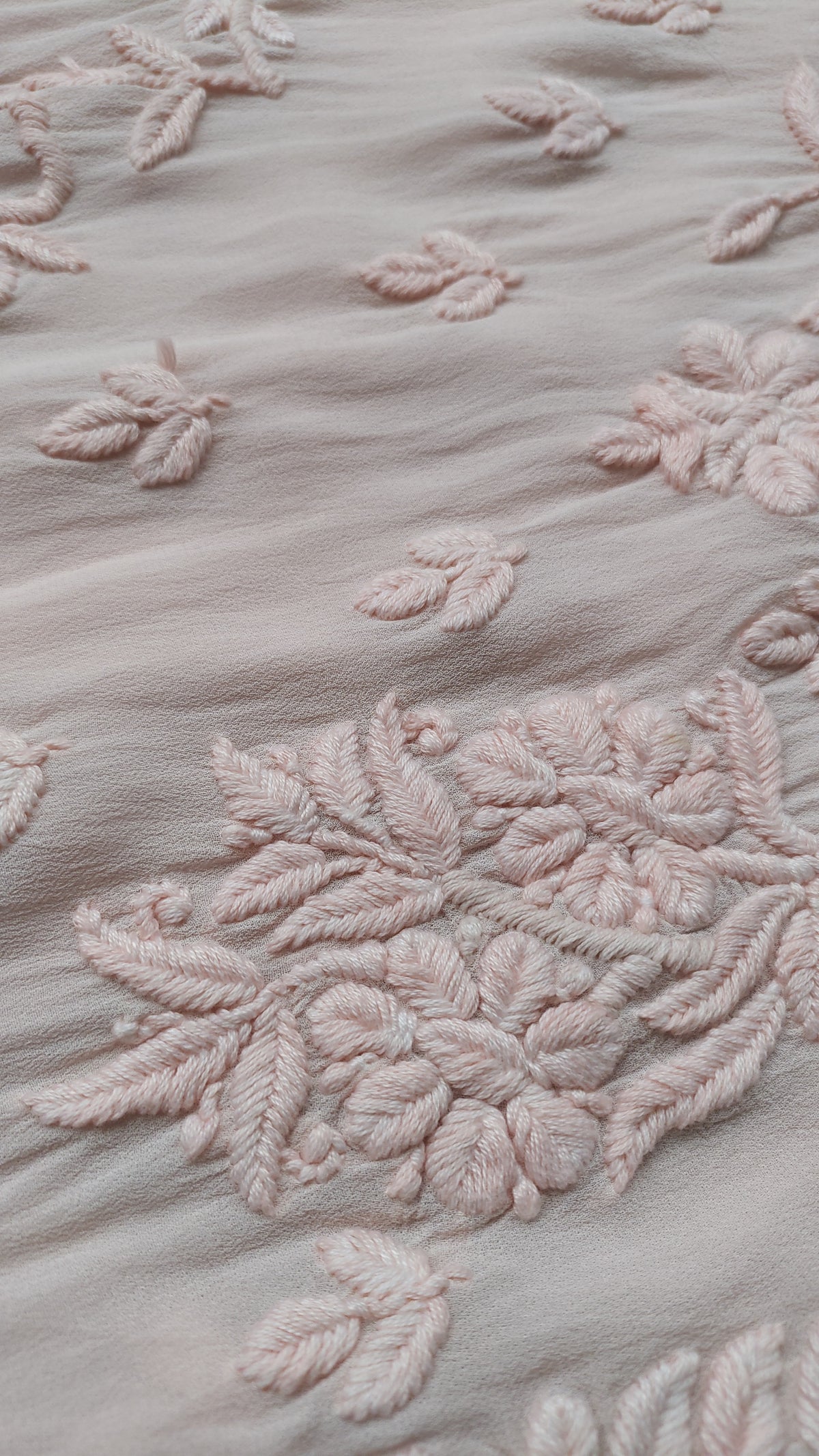 Powder peach ombre premium georgette Chikankari kurta by LVW Fashions, handmade Lucknow chikankari design, short-sleeve attire.