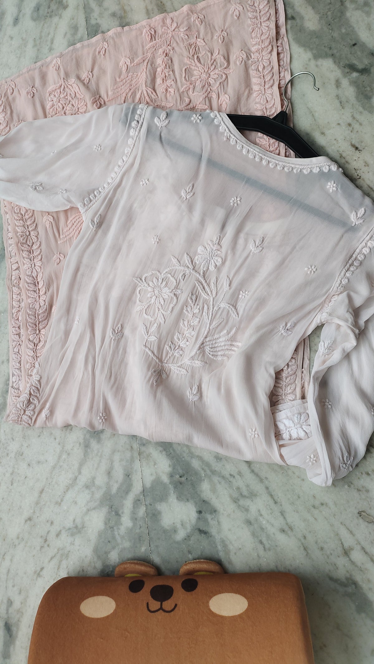 Powder peach ombre georgette kurta with intricate handmade Lucknow chikankari embroidery by LVW Fashions.