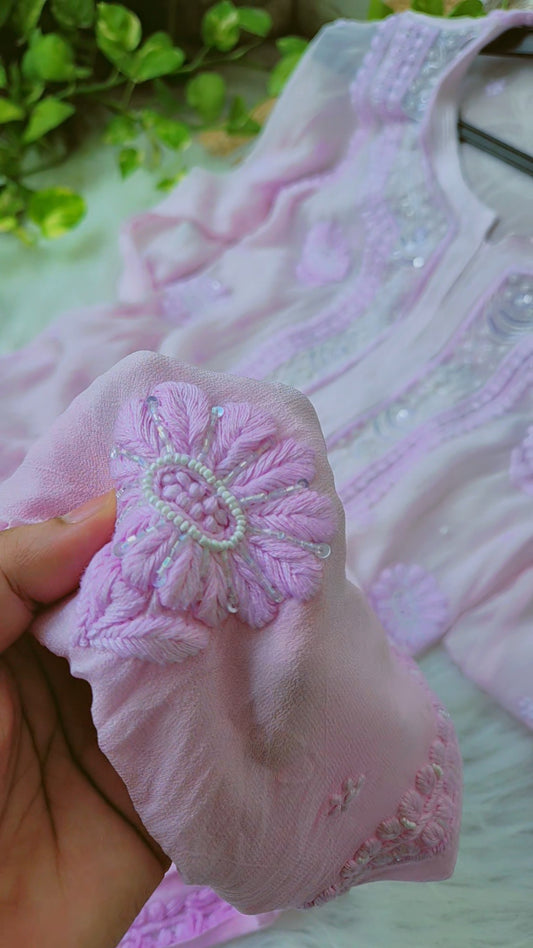 Pink Noori premium georgette Chikankari kurta with intricate Cutdana embroidery, handmade by LVW Fashions in Lucknow.