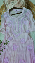 Pink Noori premium georgette Chikankari kurta with intricate cutdana embroidery, handmade by LVW Fashions from Lucknow.
