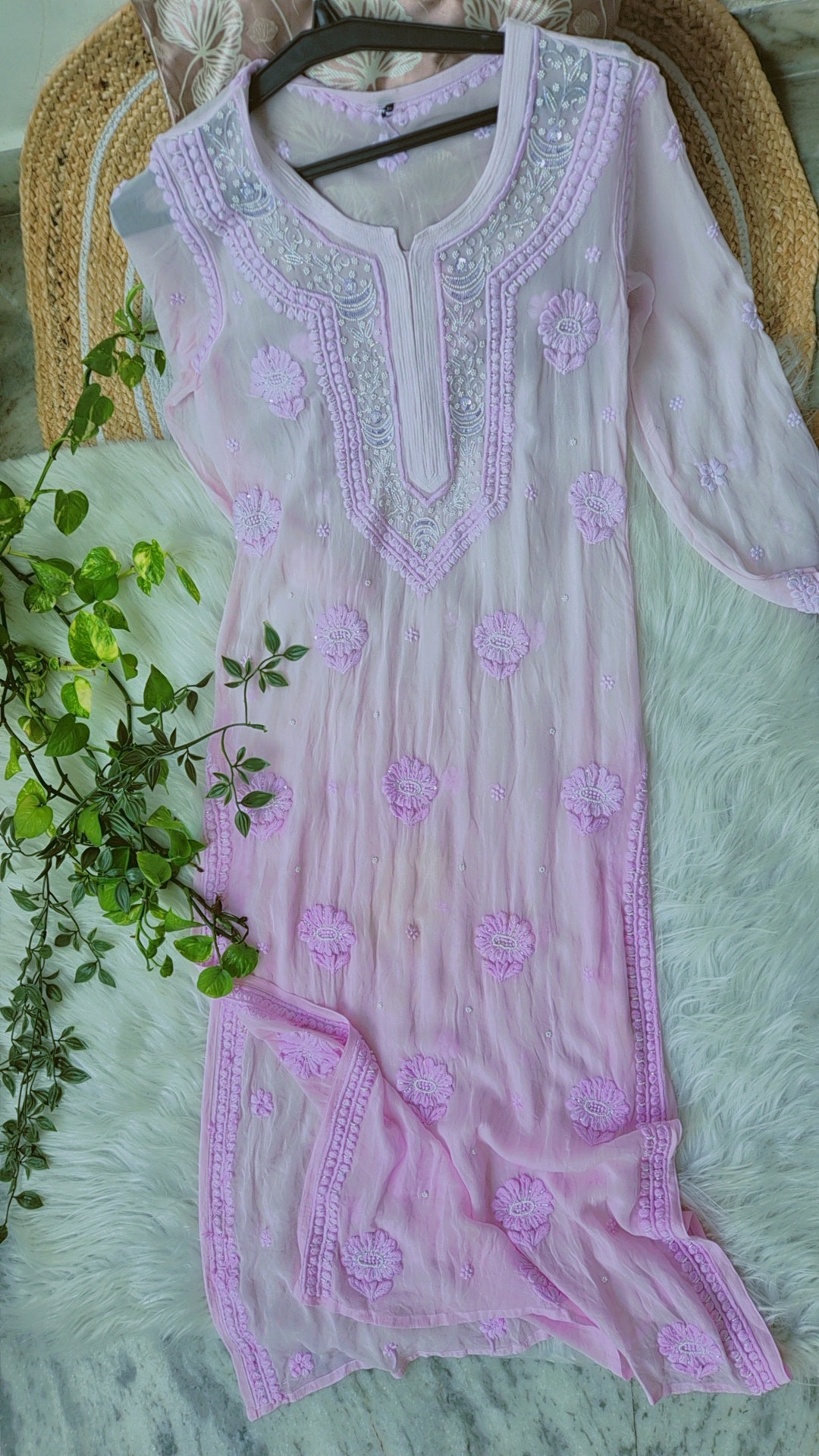 Pink Noori premium georgette Chikankari kurta with intricate cutdana embroidery, handmade Lucknow Chikankari by LVW Fashions.