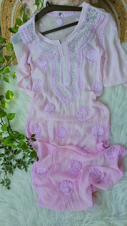 Pink Noori premium georgette Chikankari Kurta with intricate Cutdana embroidery, handmade by LVW Fashions, featuring Lucknow craftsmanship.