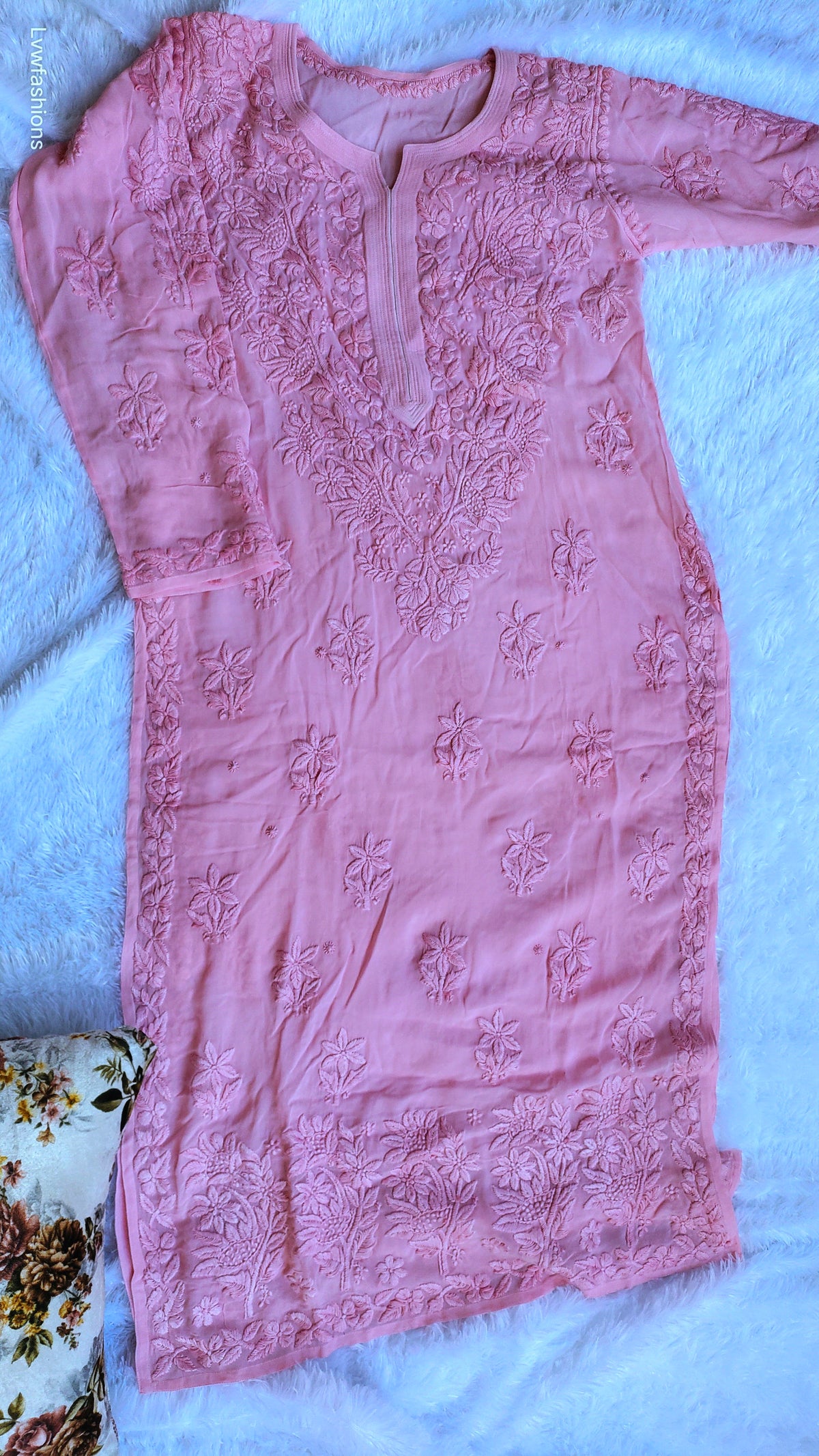 Handmade Precious Beauty premium georgette Chikankari kurta with intricate daman and bootis, crafted by LVW Fashions in Lucknow style.