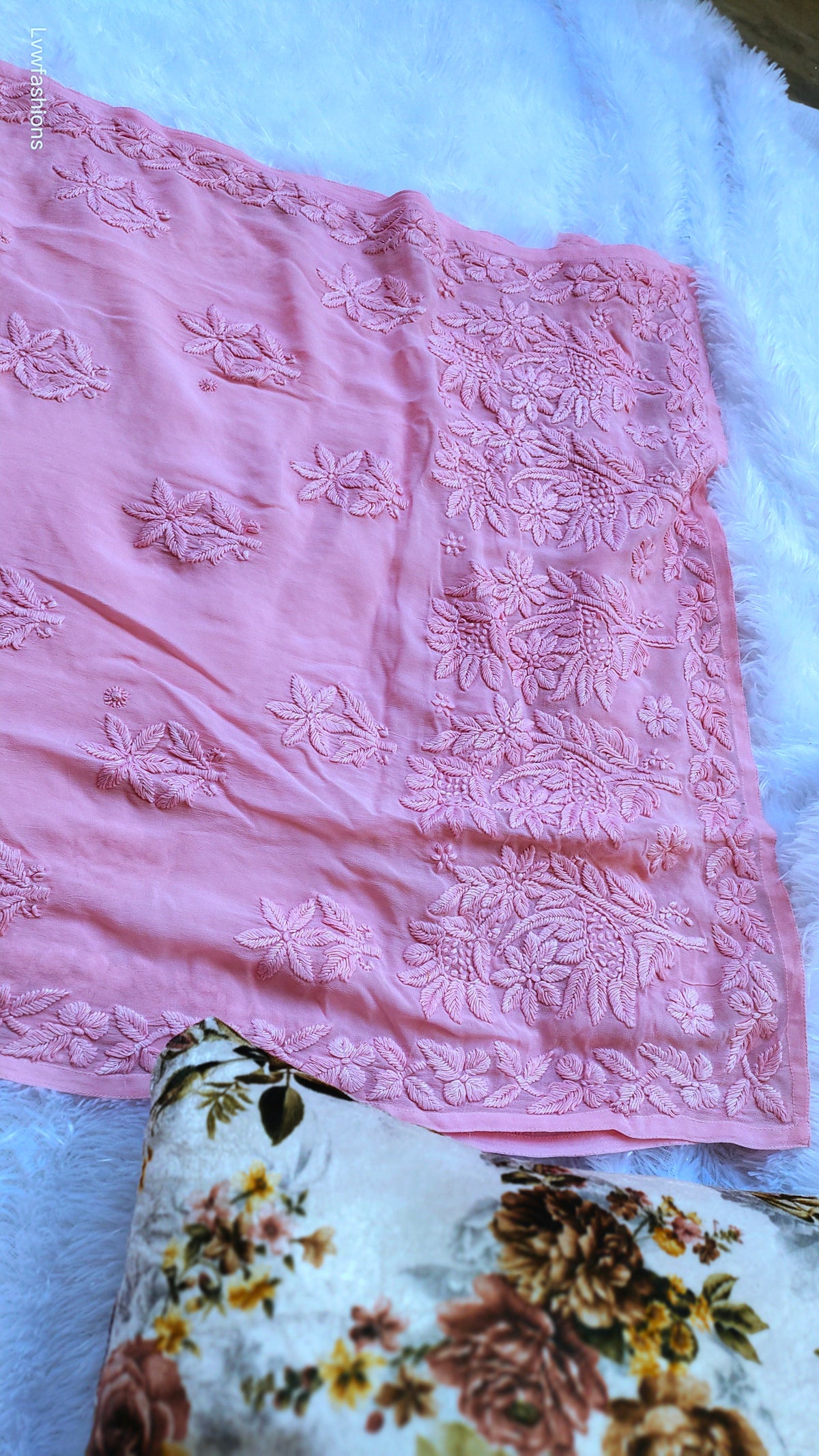 Handmade Precious Beauty Premium Georgette Chikankari Daman Booti Kurta by LVW Fashions, featuring intricate Lucknow Chikankari embroidery.