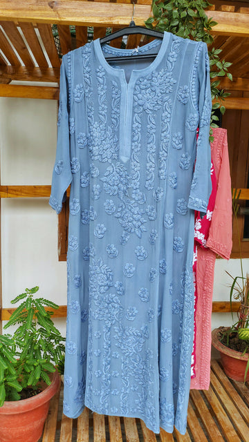 Premium Georgette Long Kurti with 5 Roses Chikankari embroidery, handmade by LVW Fashions featuring Lucknow Chikankari craftsmanship.