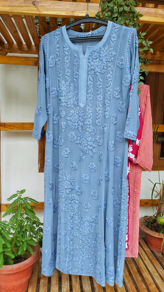 Premium Georgette Long Kurti with 5 Roses Chikankari embroidery, handmade by LVW Fashions featuring Lucknow Chikankari craftsmanship.