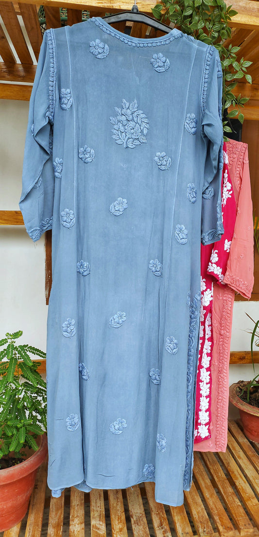 Premium Georgette long Kurti with 5 roses Chikankari embroidery by LVW Fashions, handmade Lucknow Chikankari, in XS size.