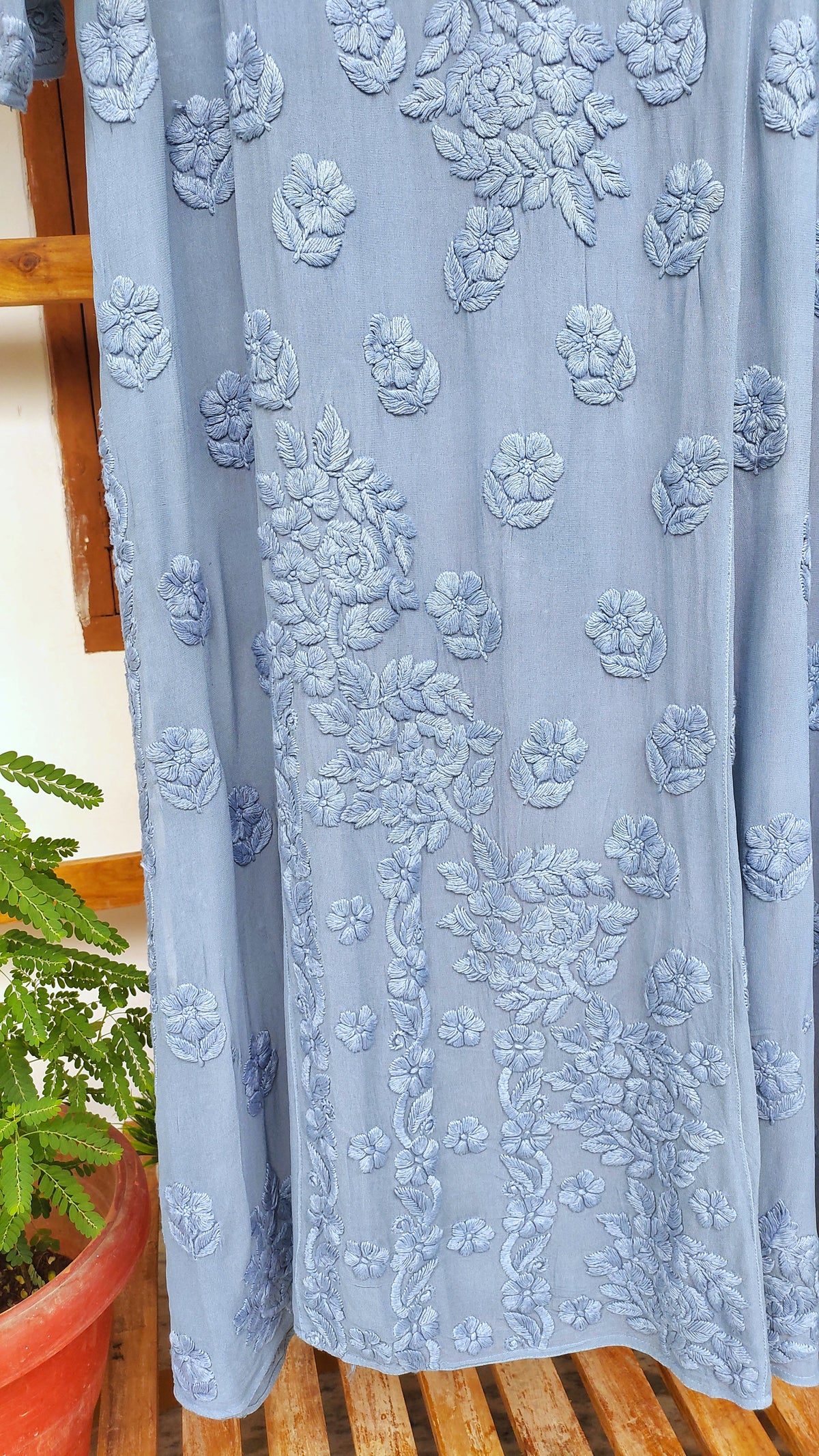 Premium Georgette long Kurti with 5 roses Chikankari embroidery, handmade Lucknow Chikankari by LVW Fashions.