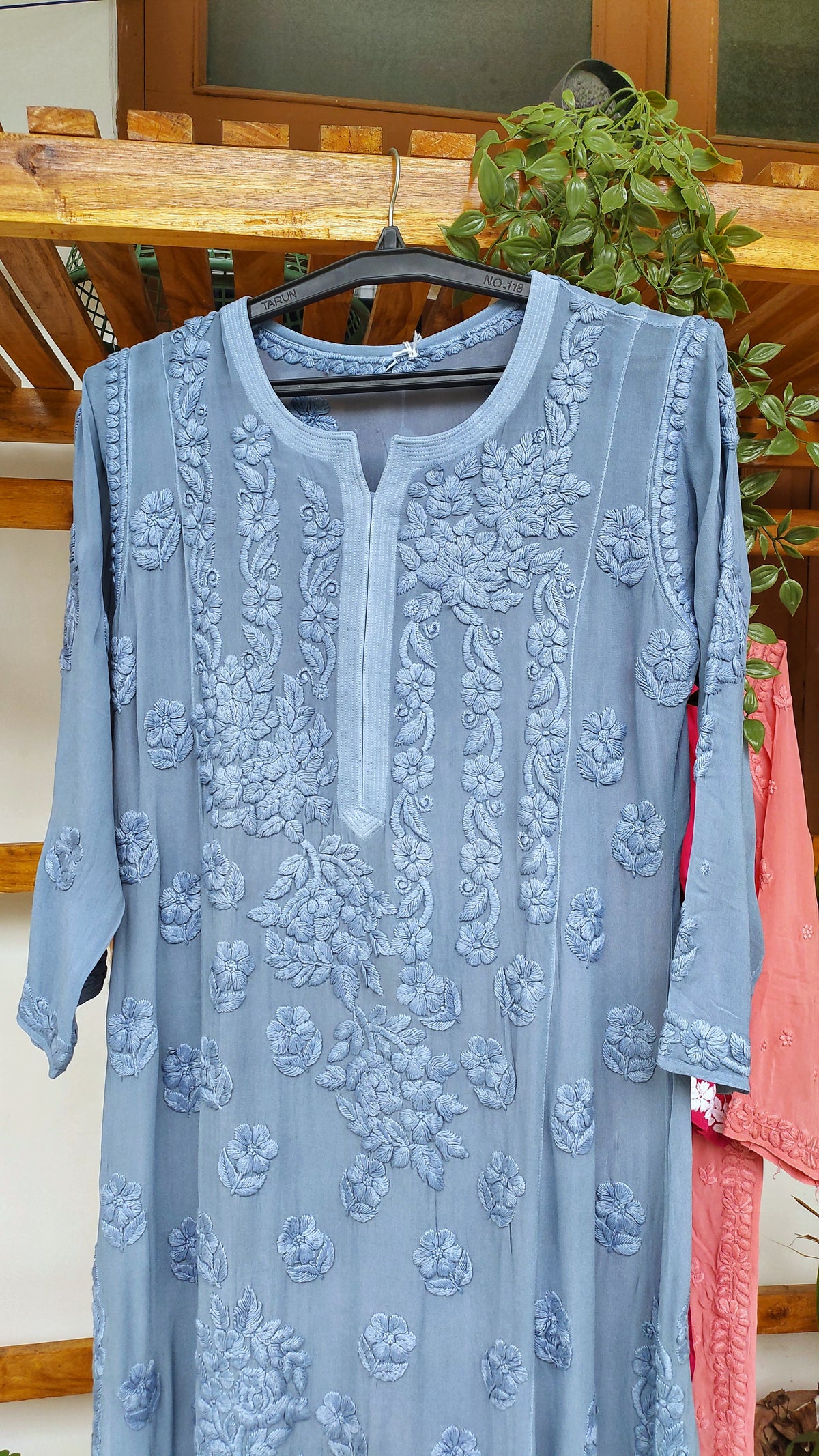 Premium Georgette 5 Roses Chikankari Long Kurti by LVW Fashions, handcrafted Lucknow Chikankari with floral embroidery.
