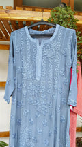 Premium Georgette 5 Roses Chikankari Long Kurti by LVW Fashions, handmade Lucknow Chikankari kurta in soft fabric with floral embroidery.