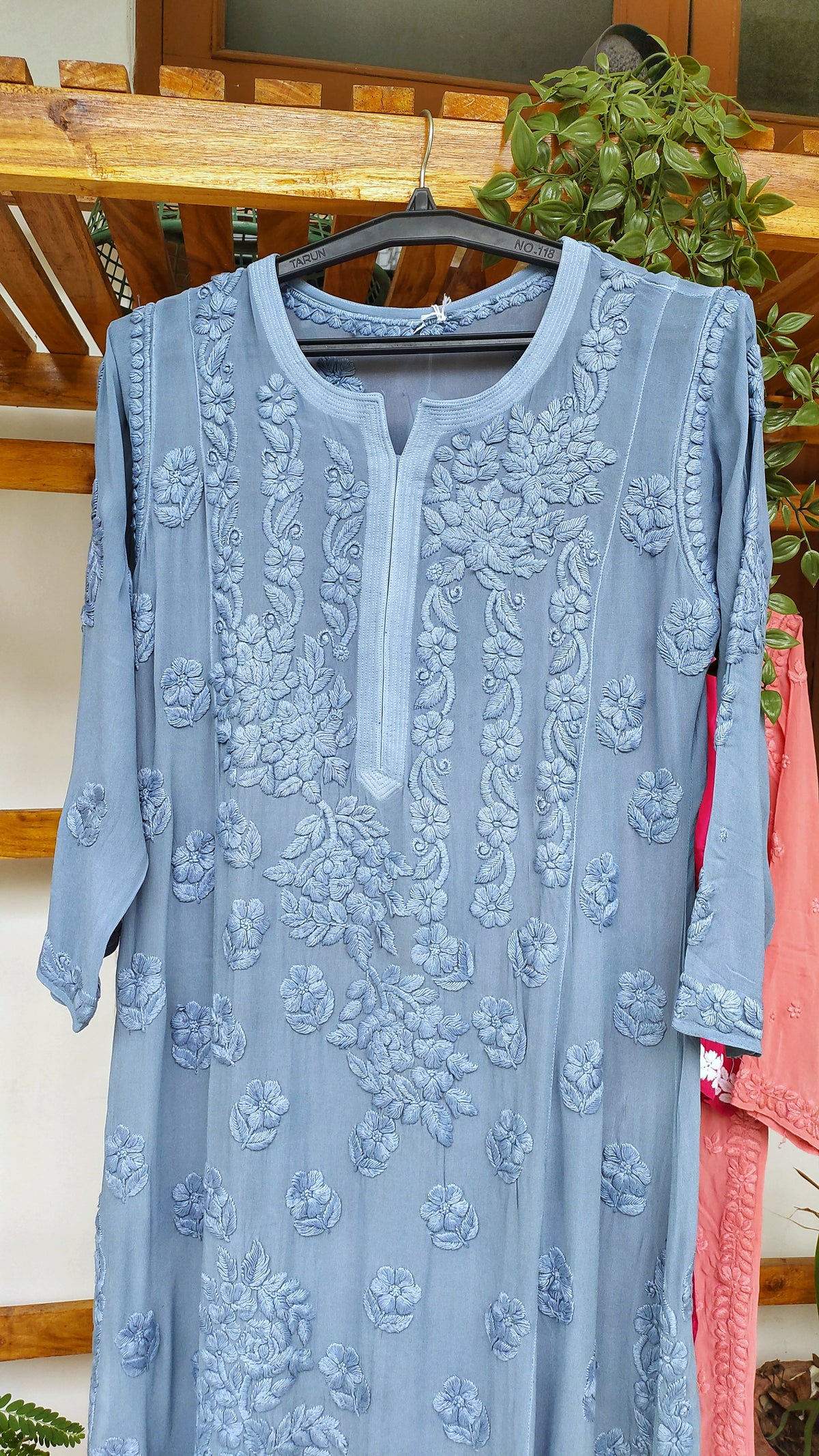 Premium Georgette 5 Roses Chikankari Long Kurti by LVW Fashions, handmade Lucknow Chikankari kurta in soft fabric with floral embroidery.