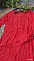 Premium Georgette Chikankari Long A-line Straight Kurti by LVW Fashions, featuring intricate Lucknow Chikankari embroidery.