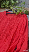 Premium Georgette Chikankari long A-line straight Kurti by LVW Fashions, handmade Lucknow Chikankari with intricate embroidery.