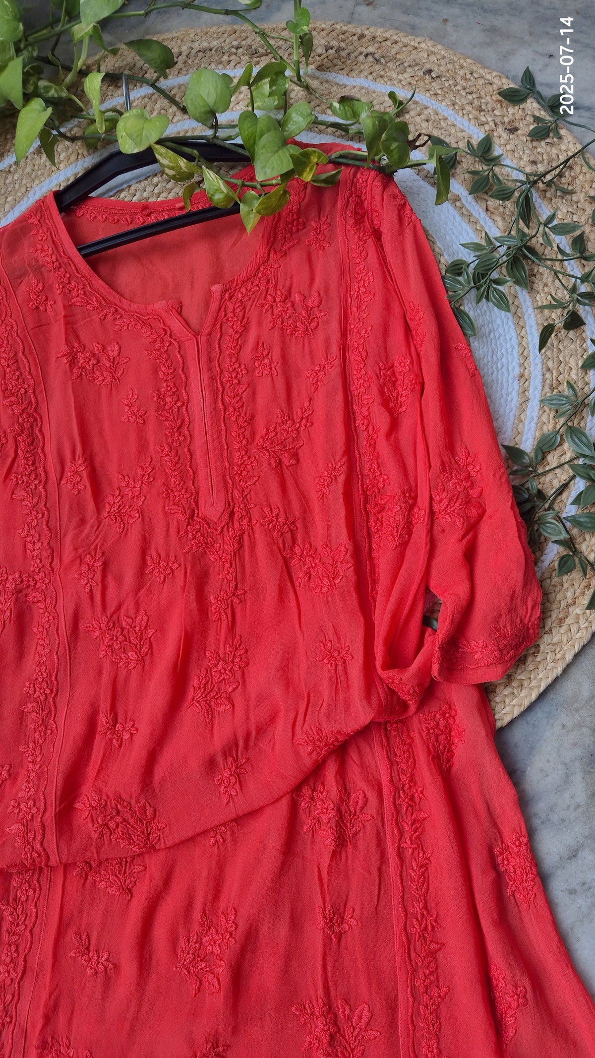 Premium Georgette Chikankari long A-line straight Kurti by LVW Fashions, handcrafted Lucknow chikankari design, in soft fabric.