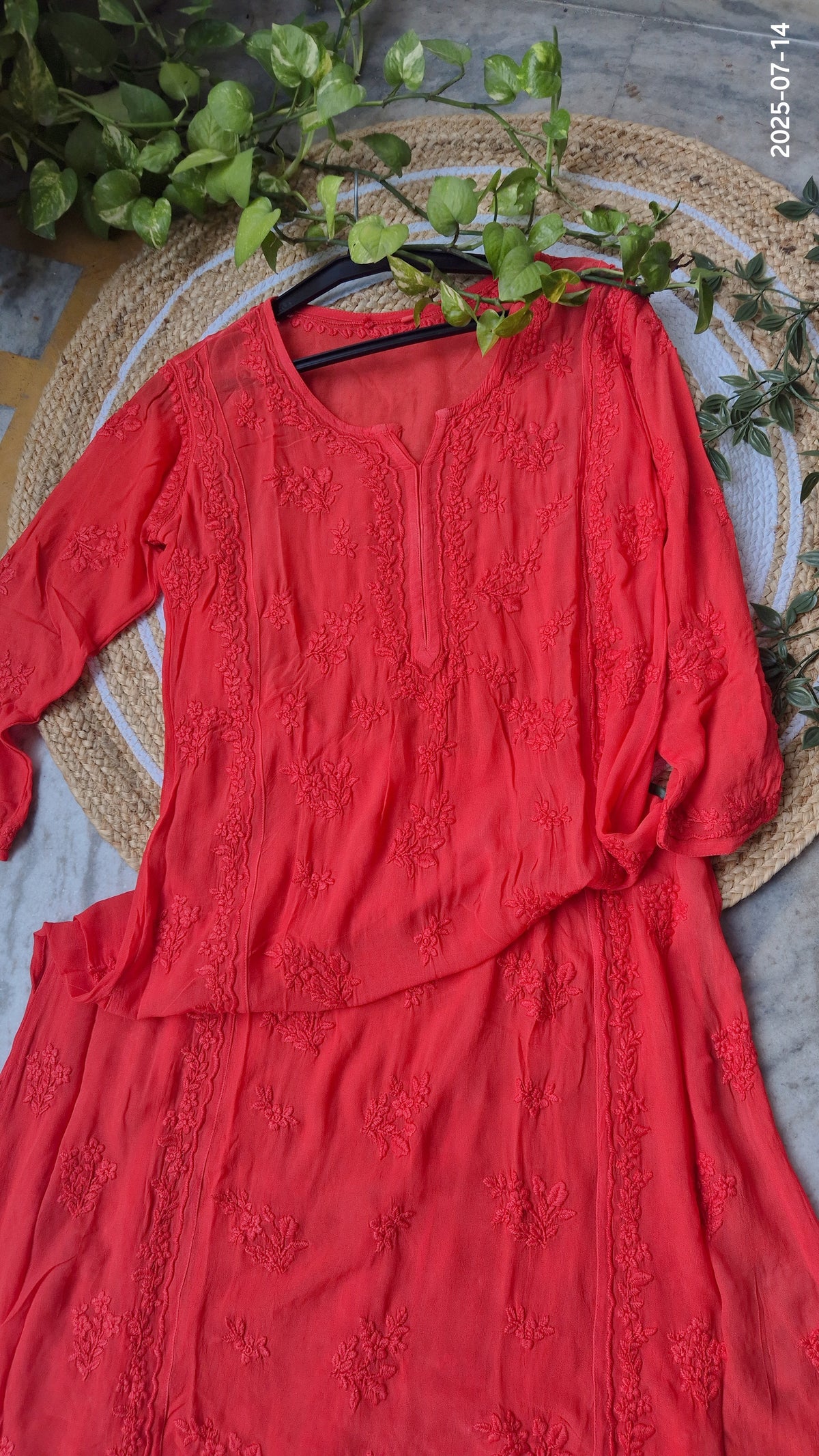 Premium Georgette Chikankari Long A-line Kurti by LVW Fashions, showcasing intricate handmade Lucknow Chikankari embroidery.