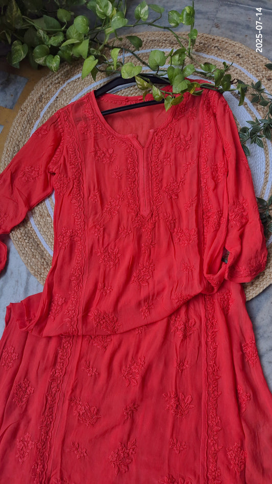 Premium Georgette Chikankari long A-line straight Kurti by LVW Fashions, featuring intricate Lucknow-style embroidery.