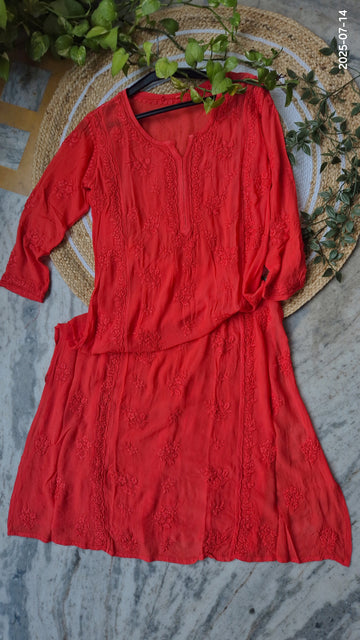 Handmade premium georgette long A-line straight Kurti with intricate Lucknow Chikankari embroidery by LVW Fashions.