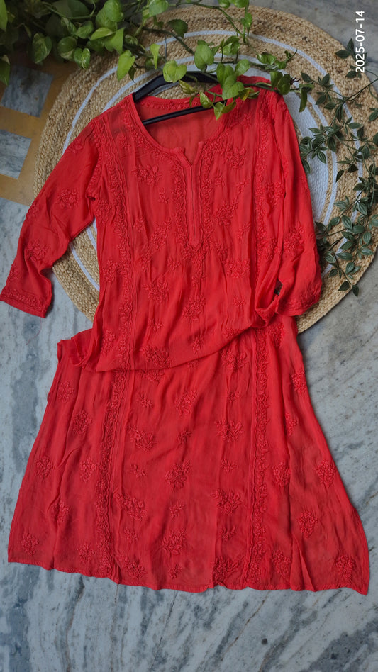 Handmade premium georgette long A-line straight Kurti with intricate Lucknow Chikankari embroidery by LVW Fashions.