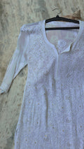 Luxurious long georgette Chikankari kurta with intricate Kamdani embellishments by LVW Fashions, handcrafted in Lucknow.