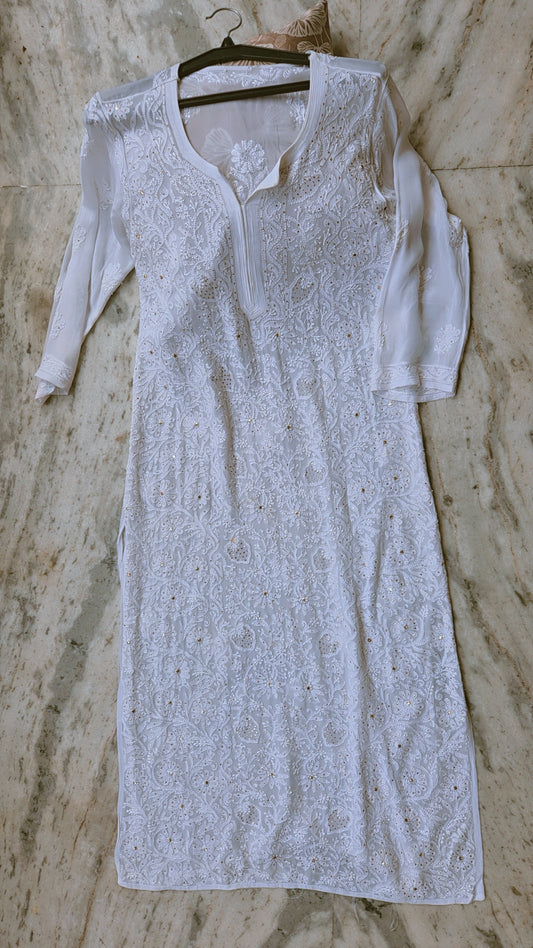 Luxurious long georgette chikankari kurta with intricate Kamdani embroidery, handmade by LVW Fashions, in a rich, elegant design.