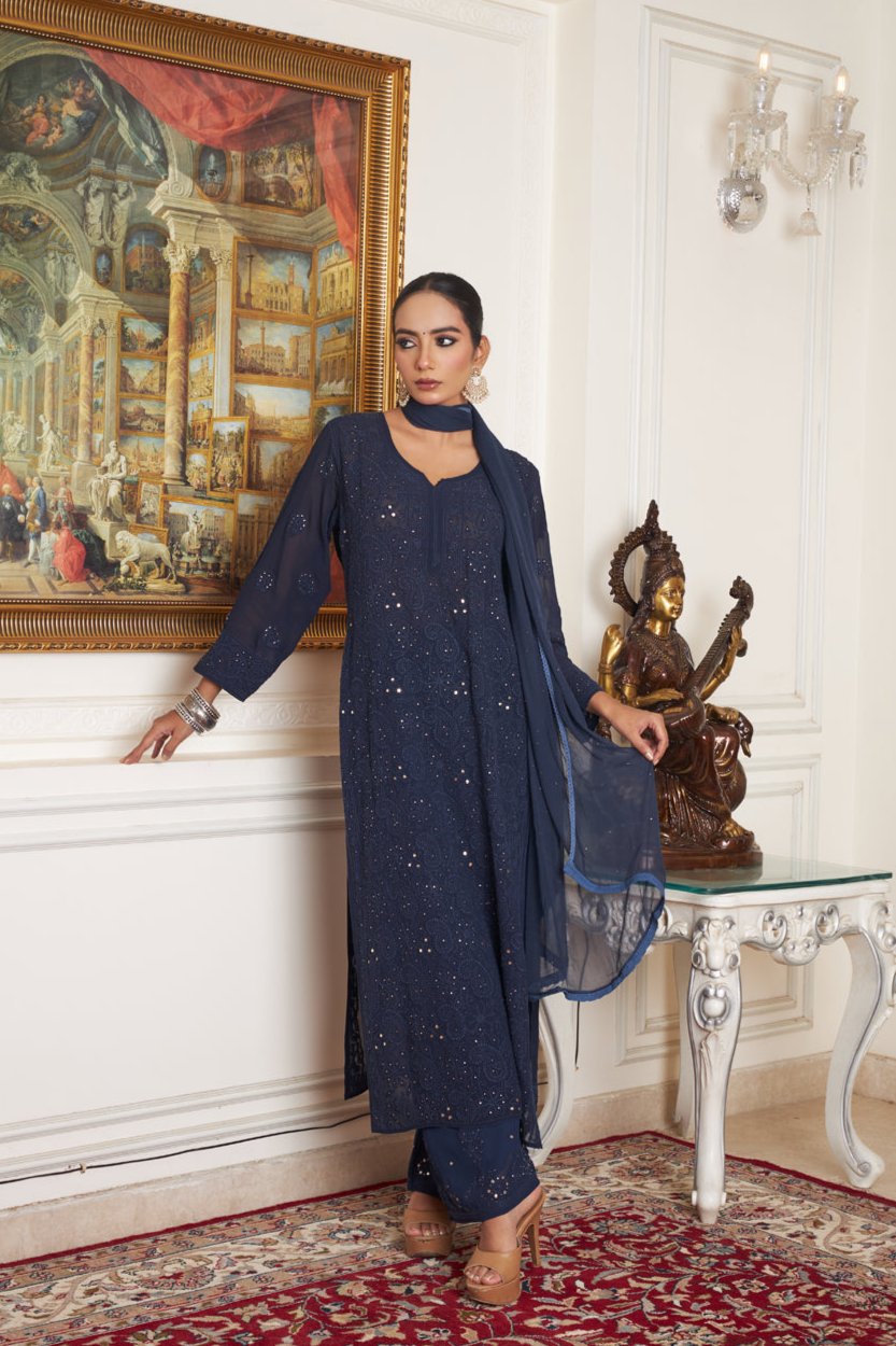Premium rich georgette long kurta with intricate Lucknow chikankari and kamdani embellishments by LVW Fashions.