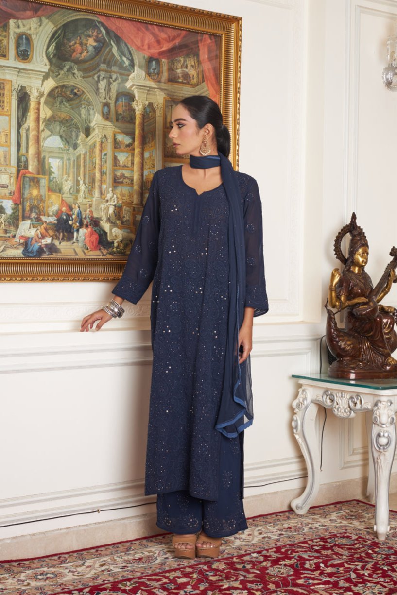 Luxury LVW Fashions long georgette Chikankari kurta with intricate Kamdani embroidery, handmade in Lucknow, elegant and rich in detail.