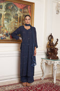 Elegant LVW Fashions long georgette Chikankari kurta with intricate Kamdani embroidery, handmade in Lucknow for a luxurious look.