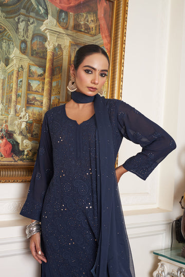 Luxurious long georgette Chikankari kurta with intricate Kamdani embroidery by LVW Fashions, handmade in Lucknow.