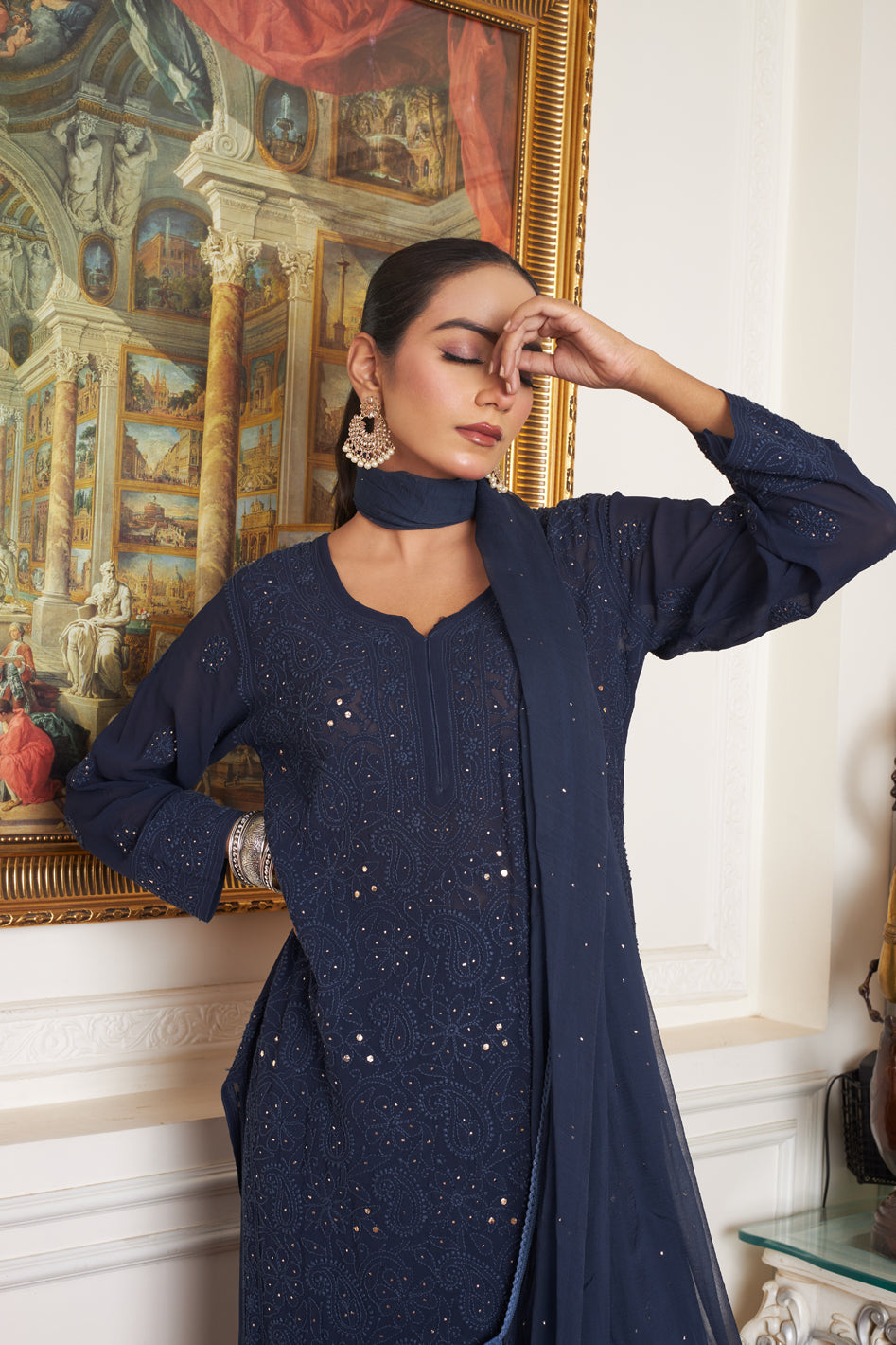 Luxurious long georgette Chikankari Kurta with intricate Kamdani embroidery, handmade by LVW Fashions in traditional Lucknow style.
